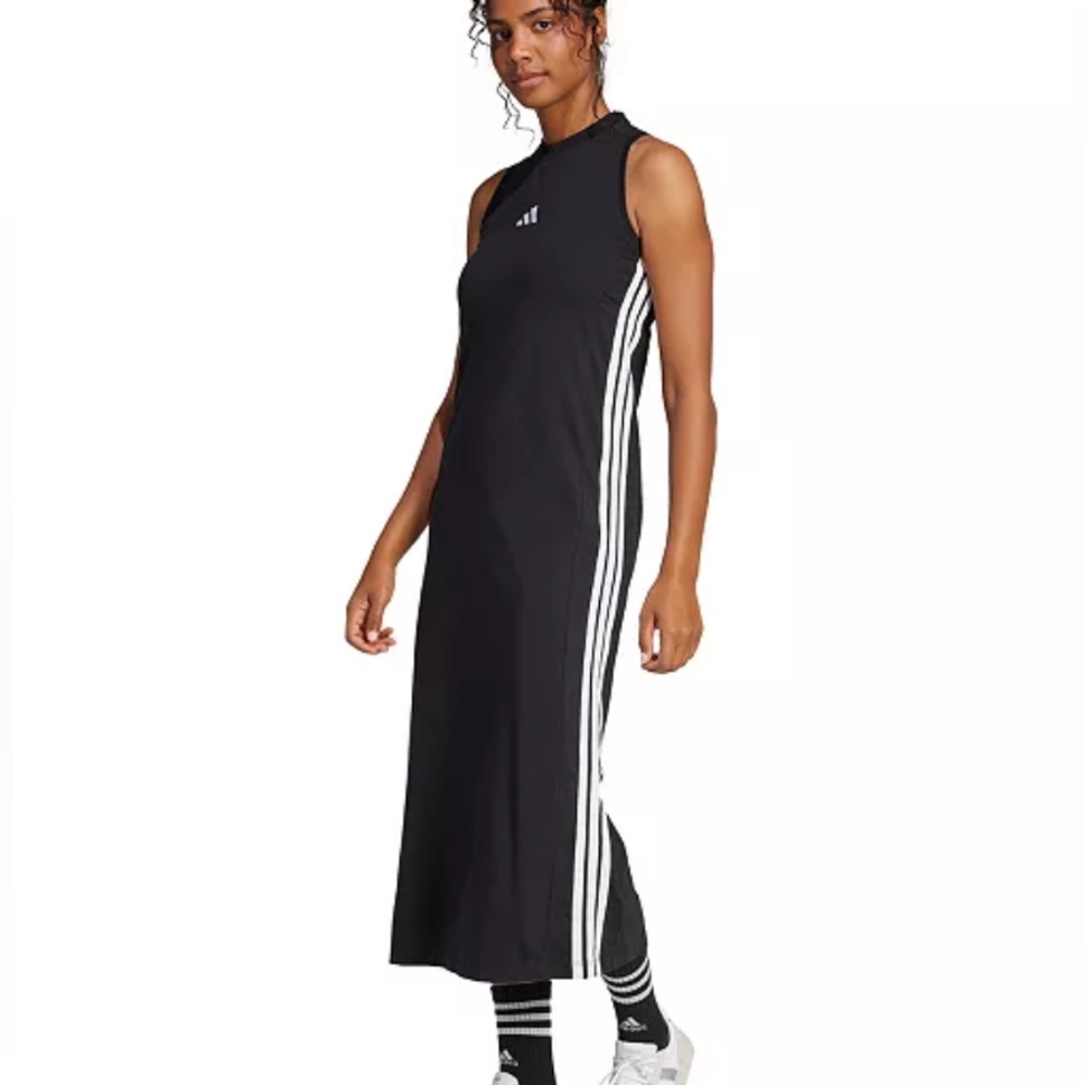 Adidas Essentials 3-Stripes Long Racerback Dress Black /White Stripes Sz S Bnwt